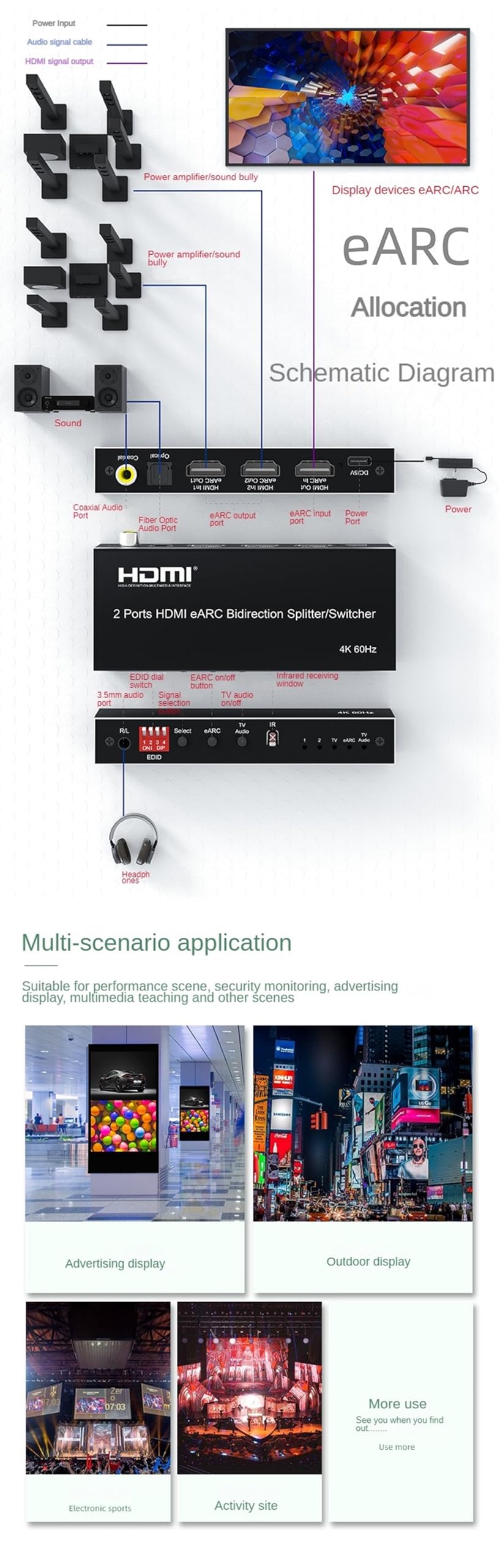 Estrattore audio HDMI eARC, 2/4 porte bidirezionale HDMI eARC Audio estrattore 4K 60Hz HDMI Toslink SPDIF COAXIAL 5.1CH Switch Audio HDMI & convertitore Splitter (2 porte HDMI)