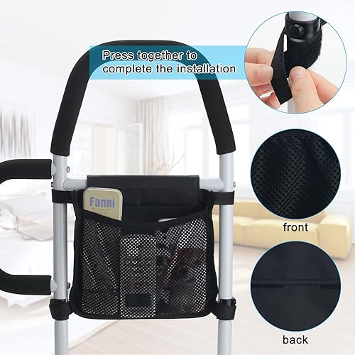 Miniatura 4 de Rieles de cama para adultos mayores, rieles de asistencia de cama para personas mayores con 2 barras de agarre y bolsillo de almacenamiento y