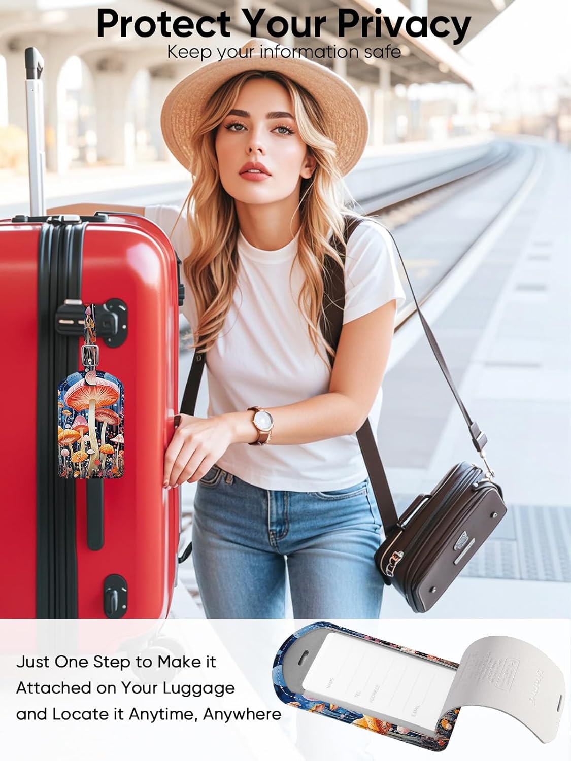 Luggage Tags Built-in Anti-Loss Tracker, Luxury Leather Luggage Tags for Suitcase, Travel Bags, Backpacks, Travel Organizer for Lost Baggage Prevention (Mushroom)