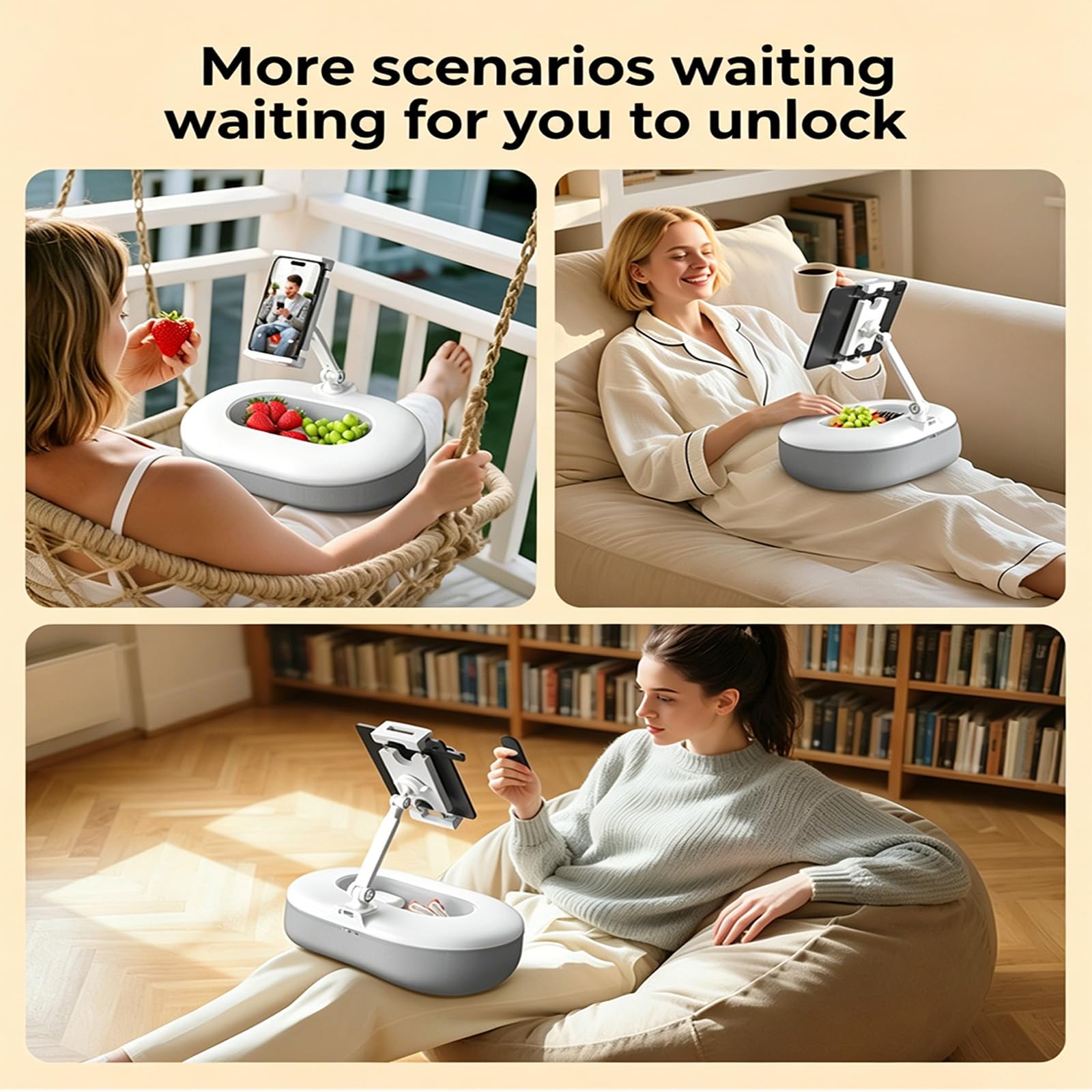 Soporte Plegable para teléfono con Brazos Ajustables y Cuenco para Aperitivos Desmontable para Cama, sofá o Ver películas Aire, Soporte Ajustable para tabletas