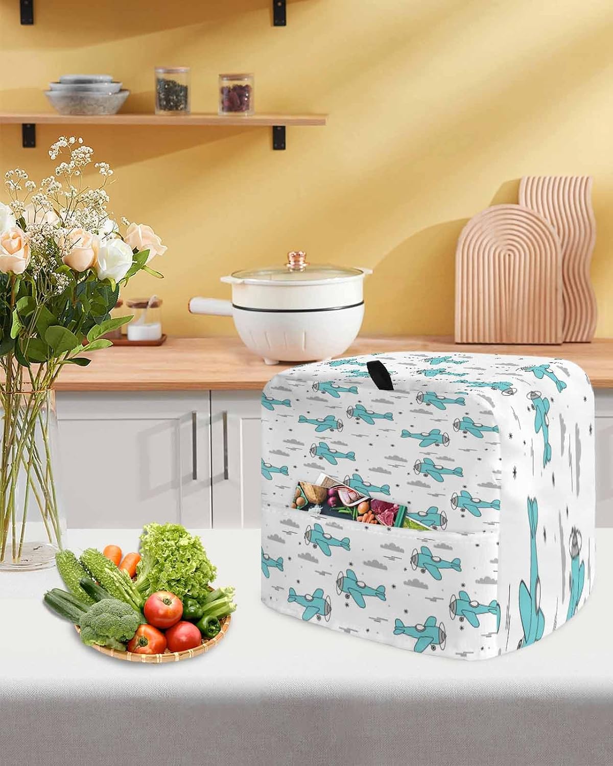 Turquoise Airplane Stand Mixer Cover with Storage Pocket, Waterproof Kitchen Mixer Covers, Modern Abstract Art Cartoon Clouds Kitchen Appliance Dust Cover Compatible with 5-8 Quart Mixers