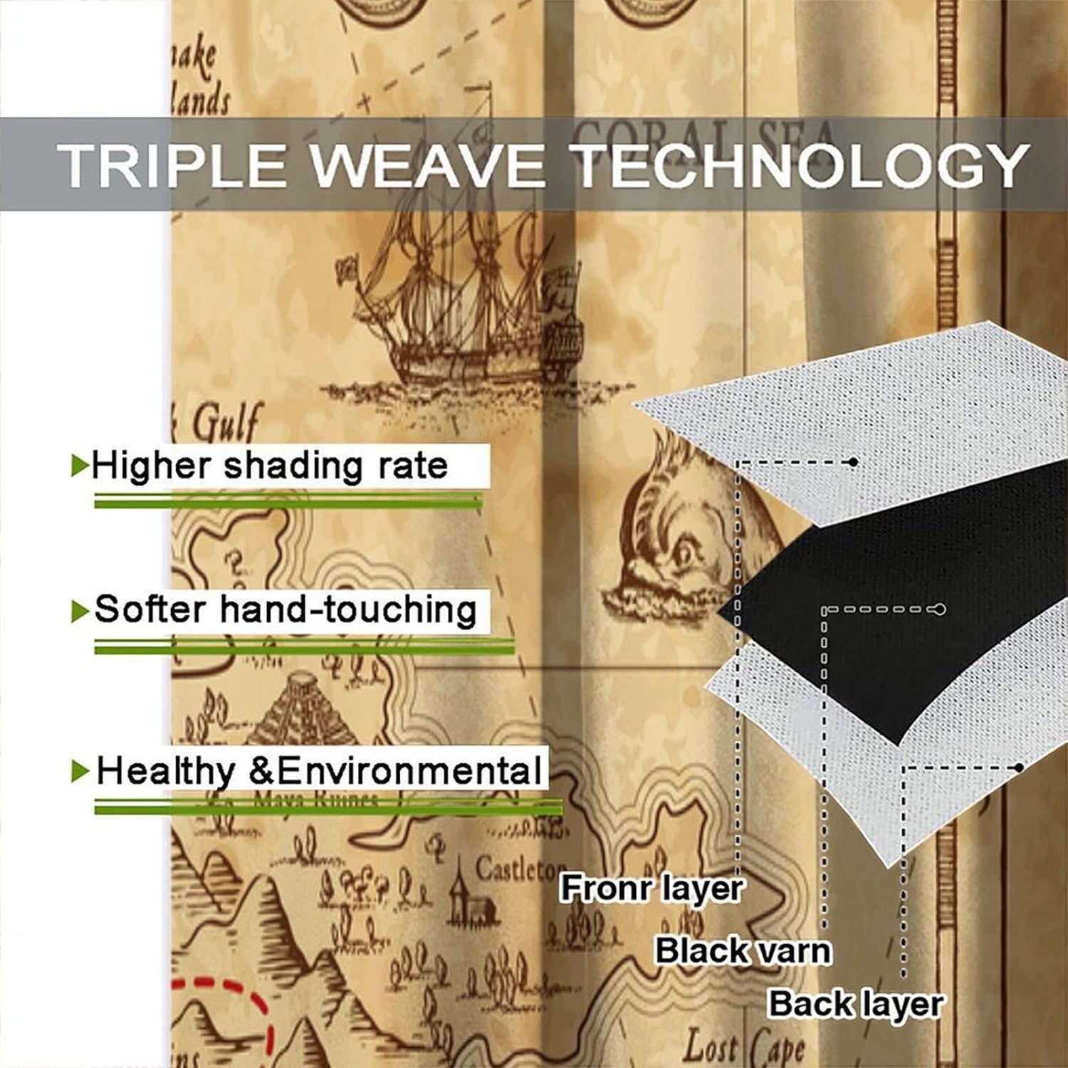 Nautical Island Map Curtains Kids Vintage Old Map Pirate Ship Window Curtains for Bedroom Living Room Ocean Ancient Pirate Skull Window Treatments Set 2 Panels,52x84 Inches