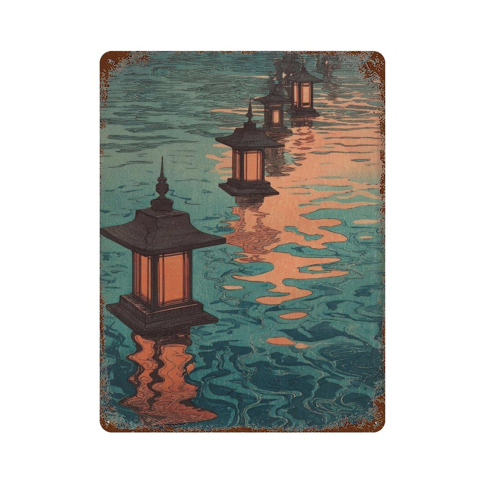 xiaoxiaoshen Lanterns On Water. Ukiyo1 Wall Decor Art Metal Tin Poster Modern Home Decor Art Home Bar Shop Decorations Vintage Sign 40x30cm