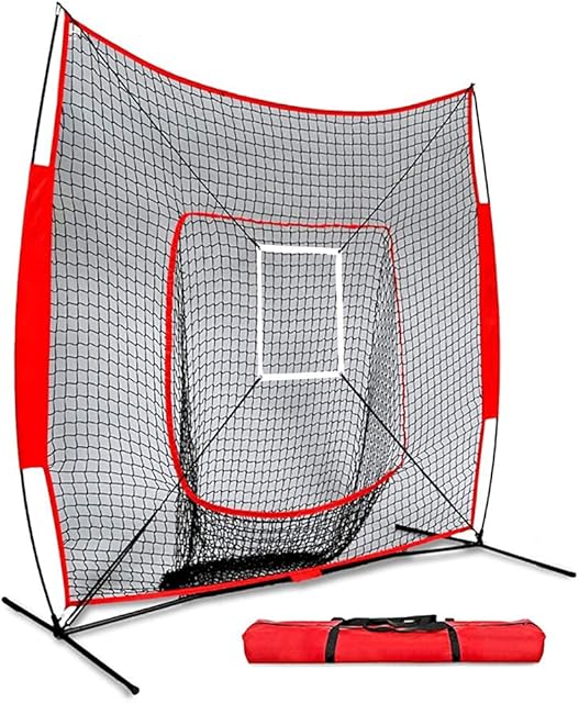 Baseball Practice Net, FOME 7ft x 7ft Softball Practice Net Hitting Batting Catching Pitching Training Net with Strike Zone Fielding Net with Carry Bag Metal Bow Frame Great for All Skill Levels