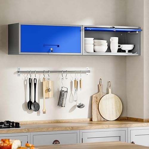 Vista 58 de Yizosh Armario de garaje de metal con puertas, armario de almacenamiento montado en la pared, gabinete de herramientas flotante para sótano, cocina