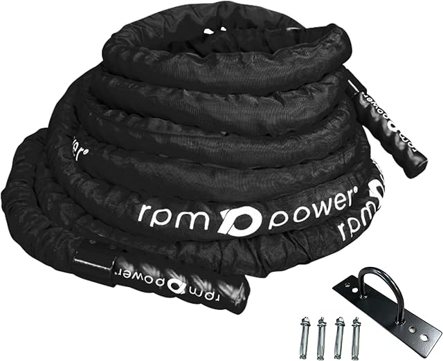 RPM Power Battle Rope - Powerful Cardio & Strength Building Fitness Rope for Full-Body Training & Weight Loss - Includes Steel Anchor Point