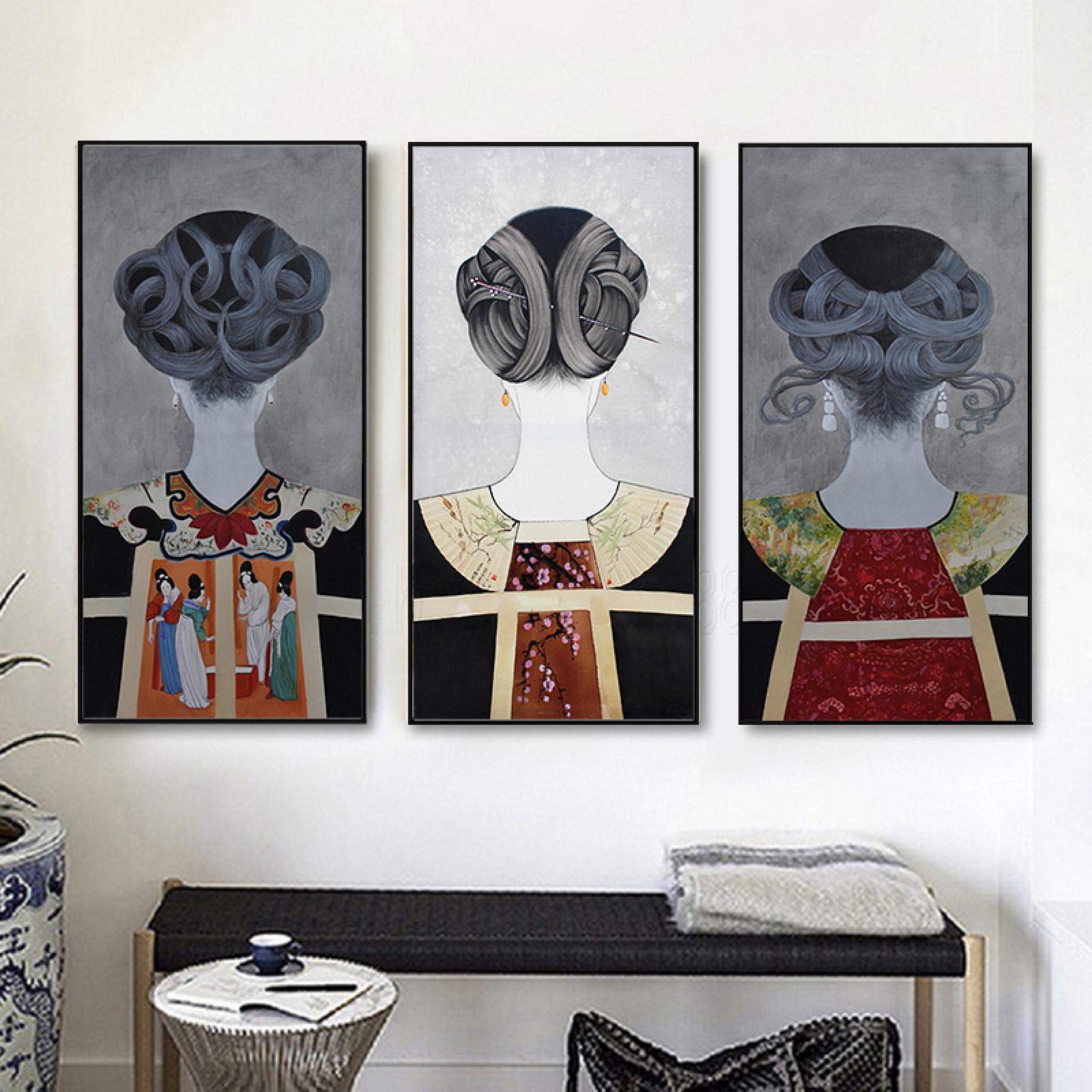 weiling Living Room Decorative Paintings Canvas Wall Art Murals Figure Chinese Style Clothing Hair Accessories Poster 20x40cmx3pcs Frameless