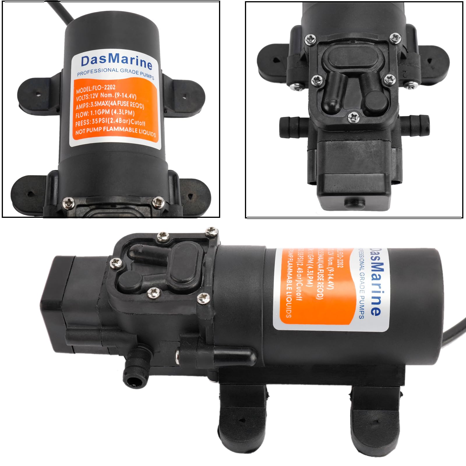 Pompe à Eau 12V DasMorine - 1.1 GPM 35 PSI - Pour Caravane, Camping-car, Bateau - Auto-amorçante Avec Colliers