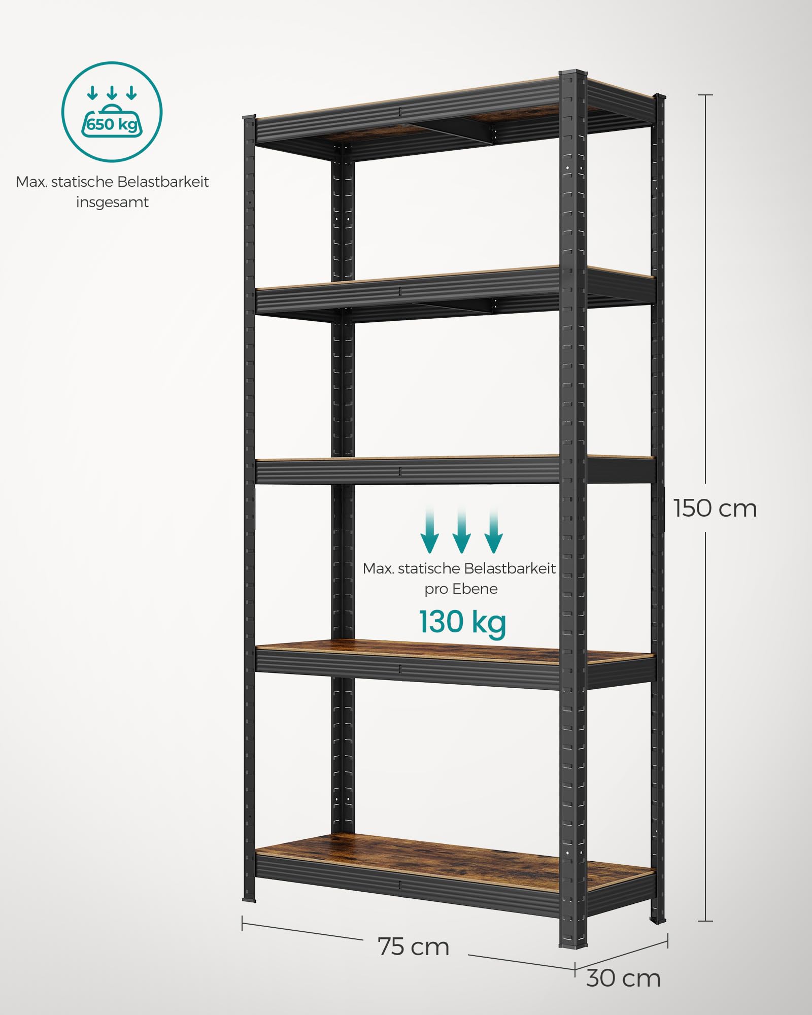 SONGMICS Standregal, Bücherregal, Lagerregal, 5 Ablagen, Küchenregal, Regal, 30 x 75 x 150 cm, bis 650 kg belastbar, verstellbare Ablagen, Industrie-Design, vintagebraun-schwarz GLR030B01