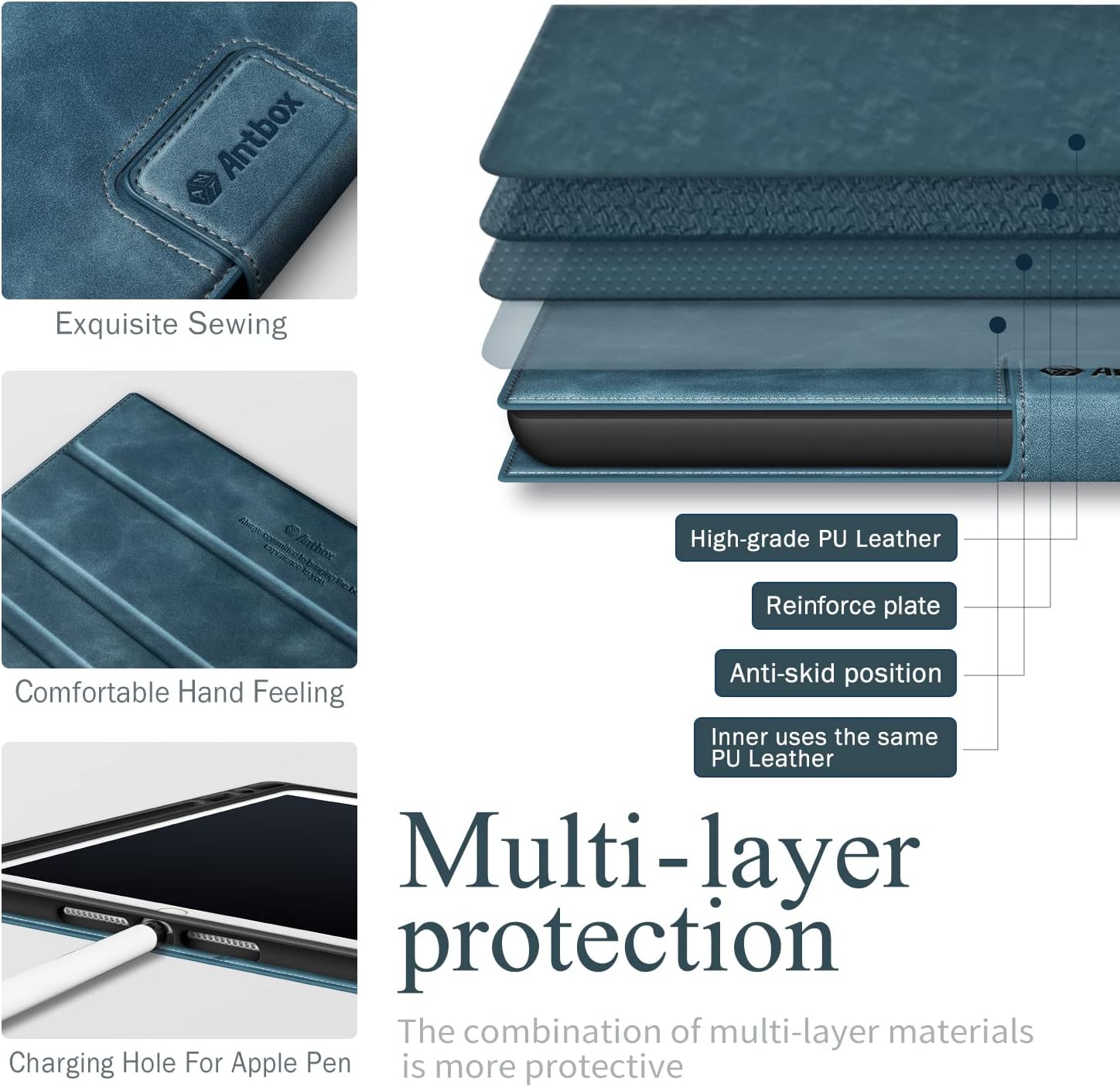 Antbox Case for iPad 9th Generation (2021) iPad 8th/7th Generation with Pencil Holder Auto Sleep/Wake Function PU Leather Smart Cover for iPad 10.2''(Blue)