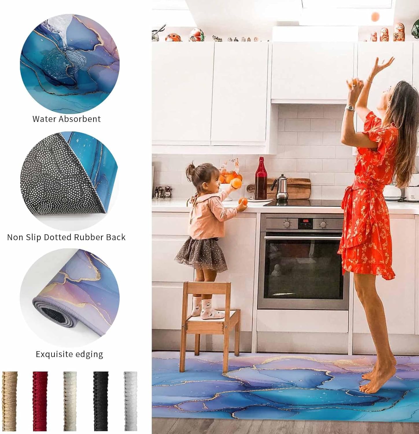 2 Pieces Kitchen Rugs and Mats,Modern Colorful Gradient Marble Texture Area Runner Rug Set Non Slip Floor Doormat Washable Carpet Standing Mat for Kitchen Sink Indoor Corridor,Abstract Fluid Art