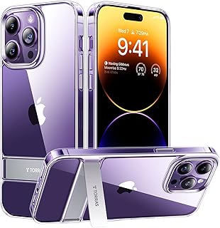 TORRAS iPhone 14 Pro Max Case Clear with Stand, [10FT Military Grade Drop Tested] Anti-Yellowing [3 Stand Ways Built-in Kickstand] Slim Protective Phone Cases iPhone 14 Pro Max, Diamond Clear