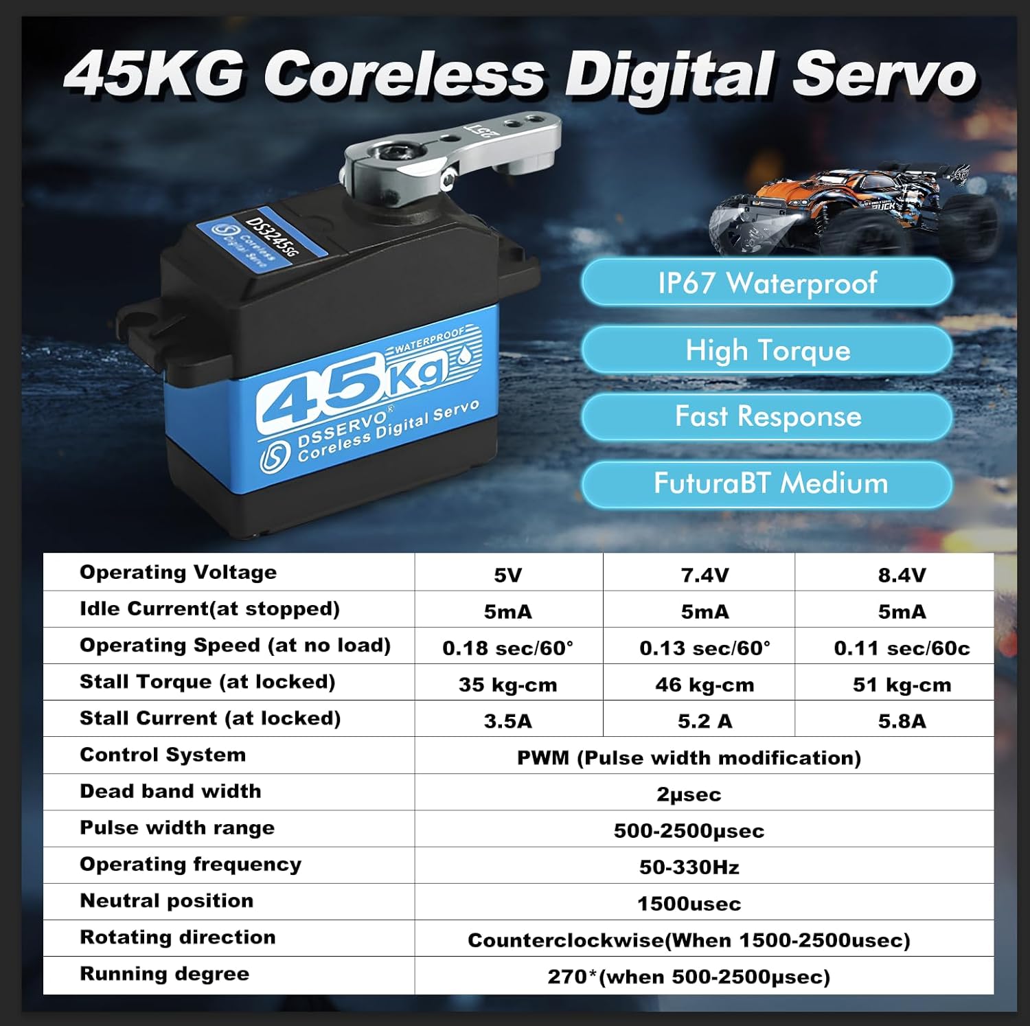 45KG Servo 1/10 Steering Servo High Torque Coreless RC Steering Servo Motor with Stainless Steel Gear Waterproof for 1/8, 1/10, 1/12 Scale Cars and DIY Projects (DS3245SG-270° Rotation)