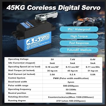 45KG Servo 1/10 Steering Servo High Torque Coreless RC Steering Servo Motor with Stainless Steel Gear Waterproof for 1/8, 1/10, 1/12 Scale Cars and DIY Projects (DS3245SG-270 Rotation) 5V-8.4V