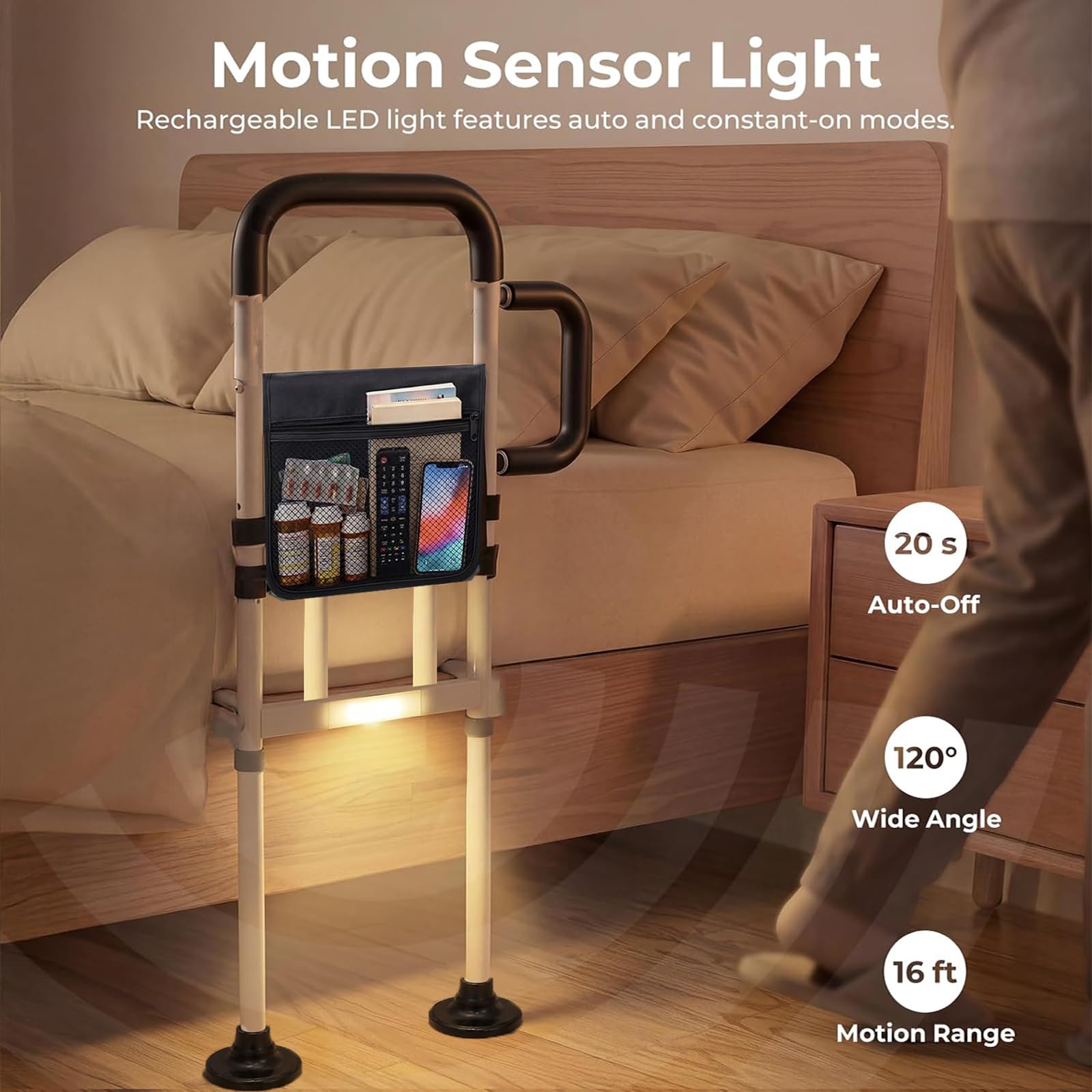 Tysonir Binari per letto per anziani e adulti, approvati ASTM 2026, guida regolabile di assistenza per letto per anziani, maniglia antiscivolo e luce attivata dal movimento e borsa portaoggetti