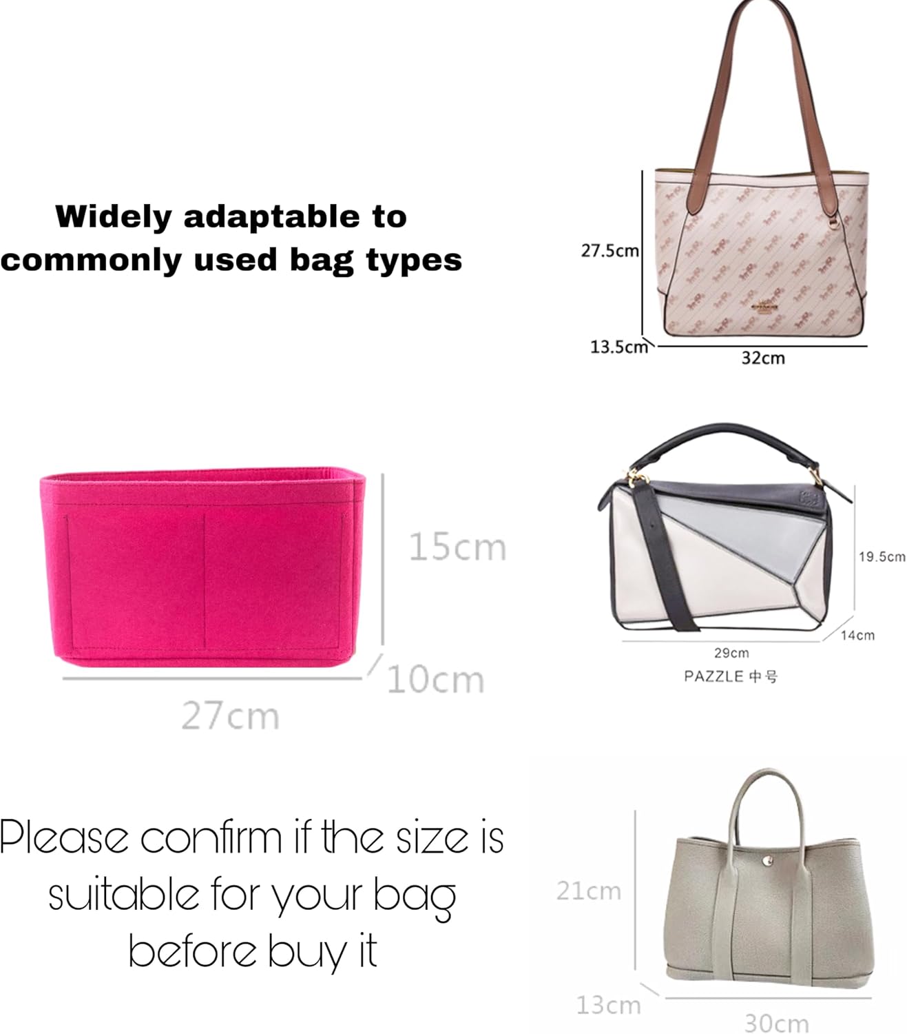Felt Purse Organizer with Zipped, Bag Organiser Insert for Women,Perfect for carrycall Neverfull Tote (Deep pink, large)