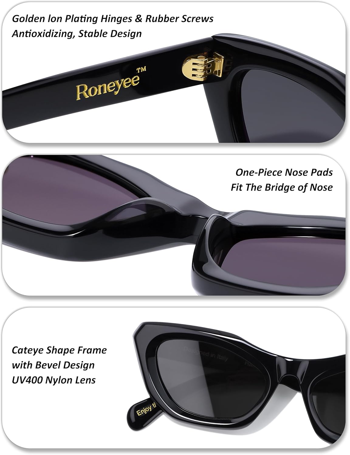 Roneyee Non-Polarized Small Face Cat Eye Acetate Sunglasses 145mm Frame with UV Protection Impact Resistant Nylon Lens