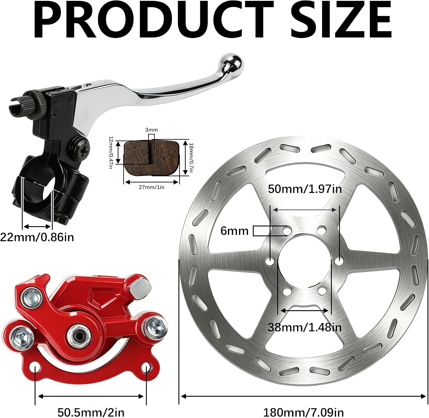 JINGKE Mini Bike Brake Lever 180mm Disc Brake Rotor and RED Rear Brake Caliper Coleman CT100U CC100X Baja DB30 Motovox MBX11 MBX10 MMB80 MMB105 97cc 79cc 100cc Powersports Parts