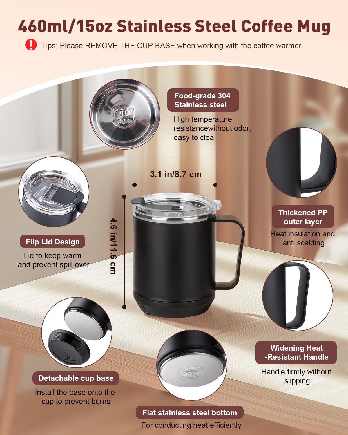 Calentador de tazas, calentador de tazas para computadora con taza de café de 15 onzas, calentador eléctrico de taza de café de 36 W con apagado automático, calentador inteligente de tazas de 9