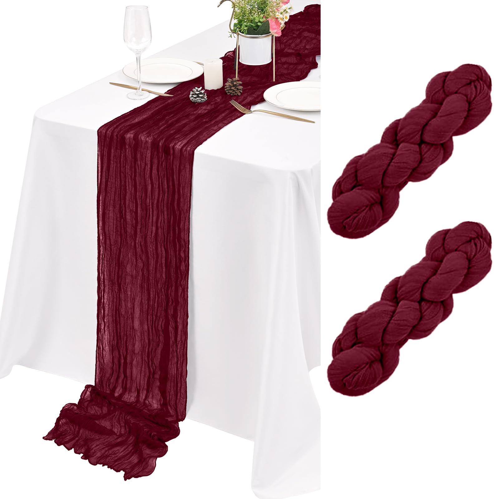 2 Pack Burgundy Cheesecloth Table Runner 17×108inches Table Runner Wedding Decor Boho Gauze Cheese Cloth Table Runner for Wedding Party Baby Bridal Shower Birthday Holiday Home Easter Party