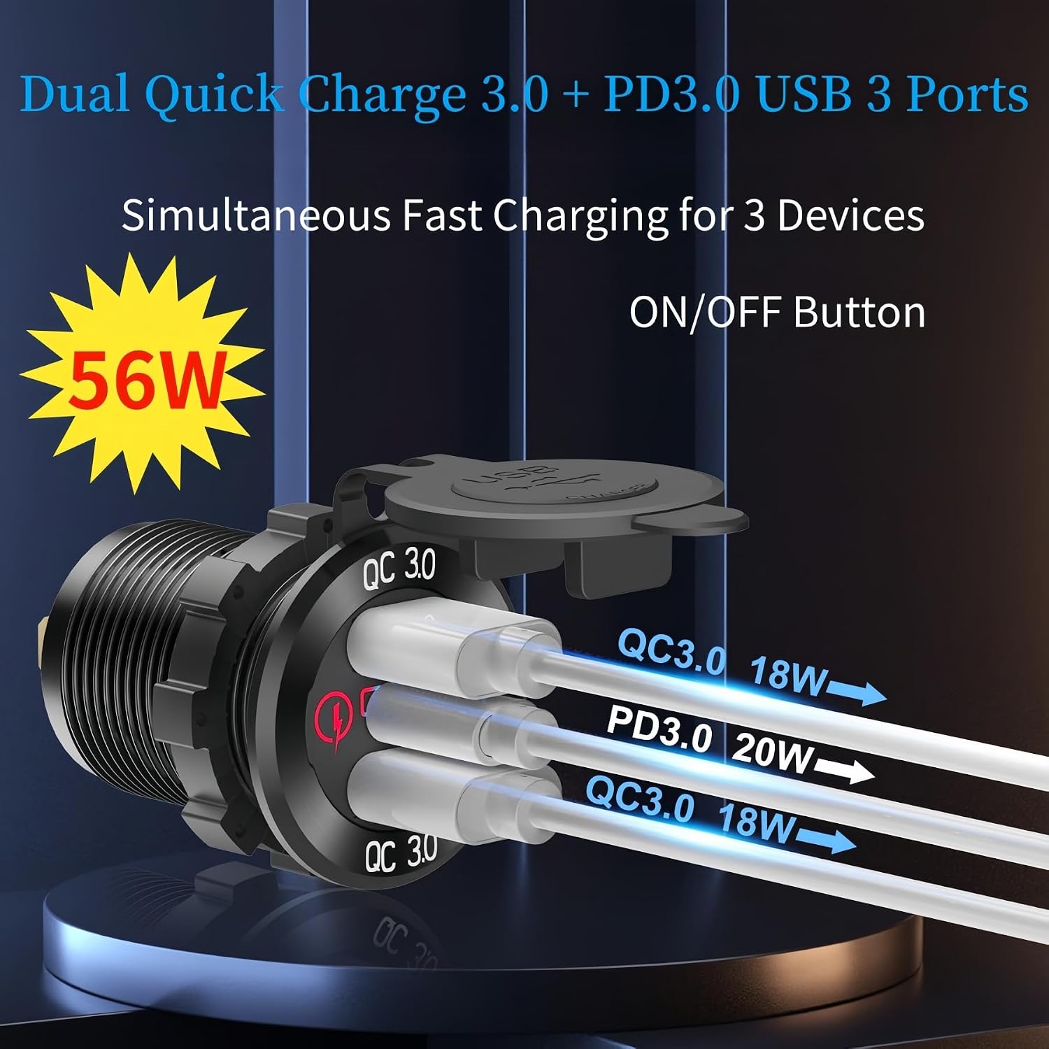 Panel Mount PD USB Car Charger Socket with Fuse Wiring, 65W Lighted Type-C Adapter with ON/OFF Button, Motorcycle 3 Ports QC3.0 USB C Fast Charger 12V Power Outlet for Car Truck RV Marine Boat (Red) image 4