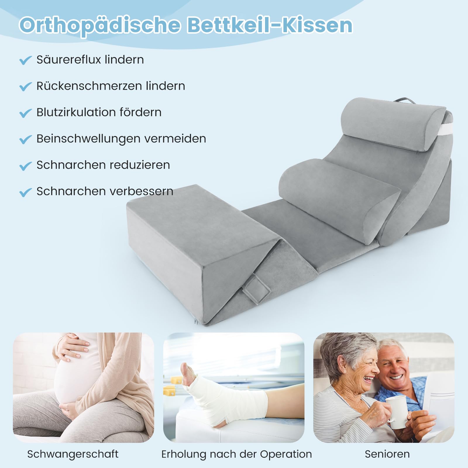 COSTWAY 7pcs Orthopädisches Keilkissen Set, verstellbares Bettkeilkissen mit Memory-Schaum Kissen, für Sodbrennen, Schmerzlinderung, Beinhochlagerung, Schnarchen, zur postoperativen Reparatur, Grau