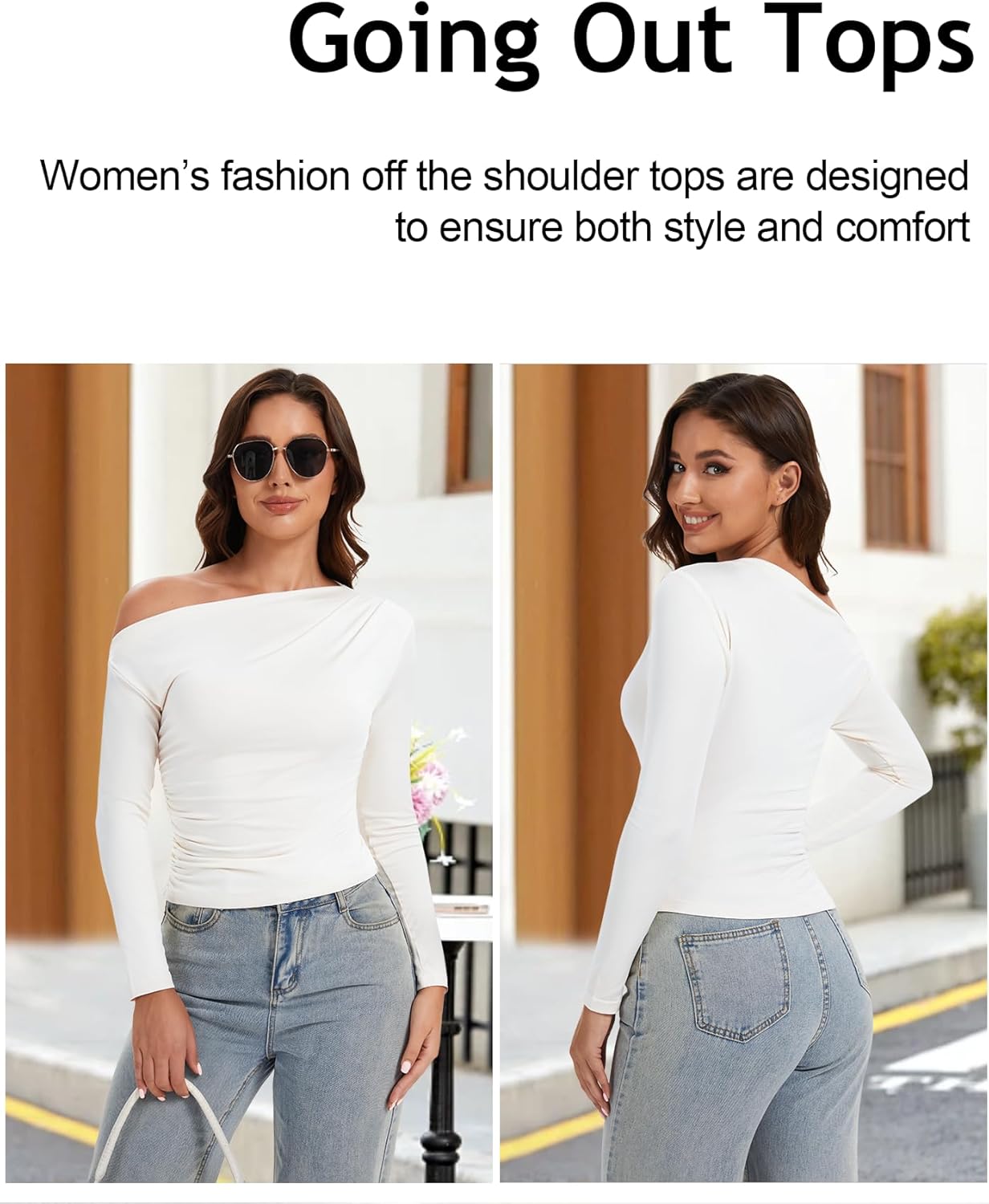 Jenbou Women's Off The Shoulder Tops Long Sleeve Boat Neck Y2K Slim Fit Going Out Crop Top - Image 3