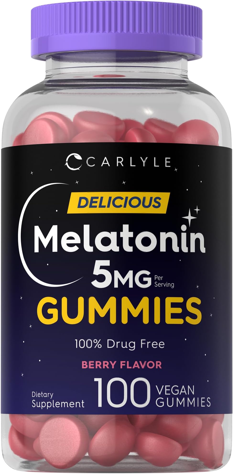 Melatonin 5mg Gummies | 100 Count | Berry Flavor | 100% Drug Free | Non-GMO, Gluten Free Supplement