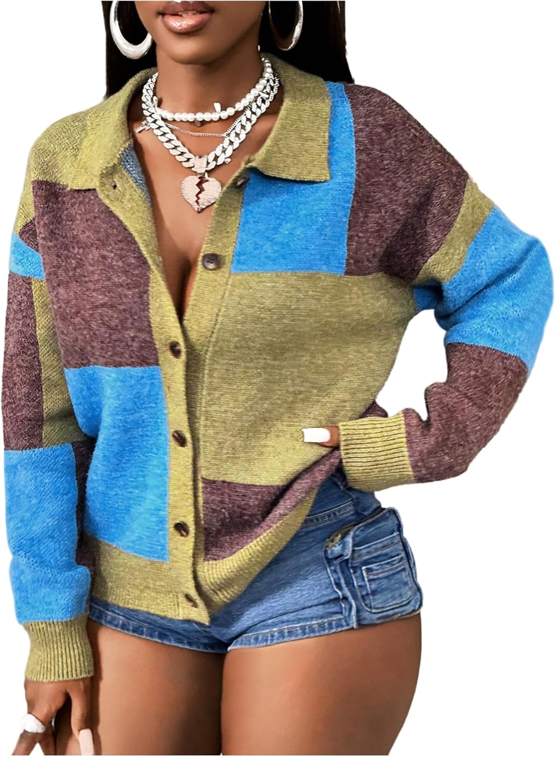 SOLY HUX Women's Color Block Cardigan Sweater Button Down Long Sleeve Collared Sweaters Fall Winter Clothes