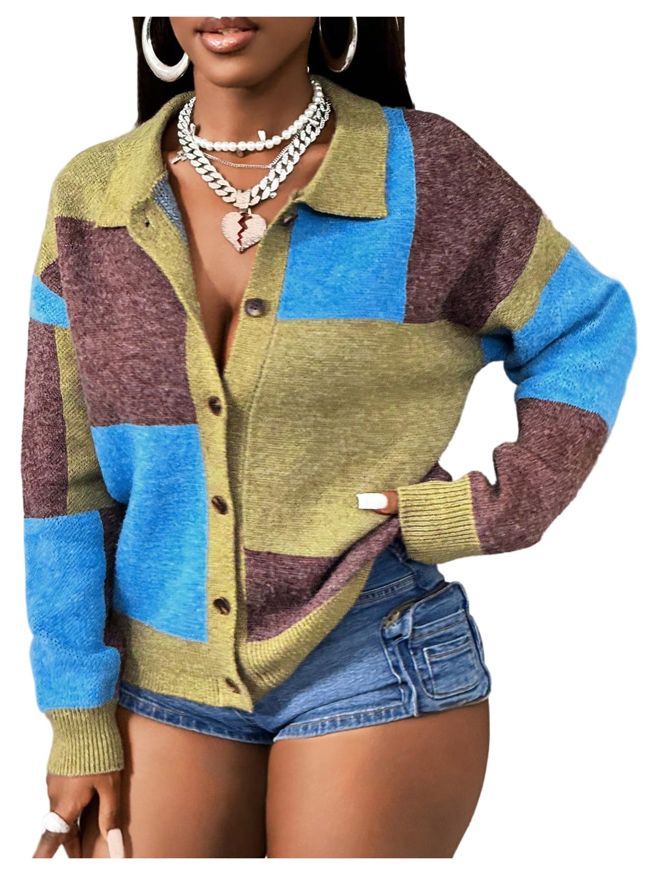 SOLY HUX Womens Color Block Cardigan Sweater Button Down Long Sleeve Collared Sweaters Fall Winter Clothes