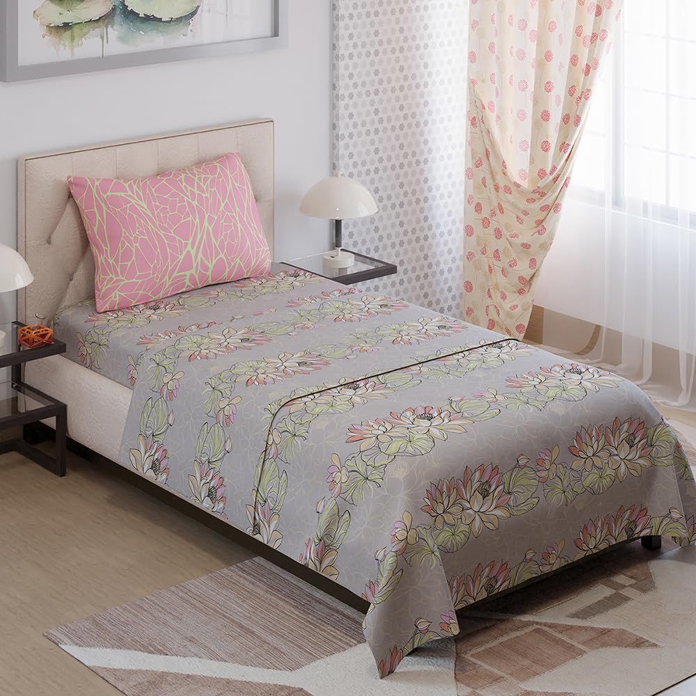 COLOR SENSE Light Weight & Durable Bedsheet Set for Single Bed | 1 Wrinkle Resistant Single Bed Sheet & 1 Pillow Cover | Grey & Pink Size - 59 x 87 inches | Floral Print, Grey & Pink (B0D3Q9P17S) Amazon Price History, Amazon Price Tracker