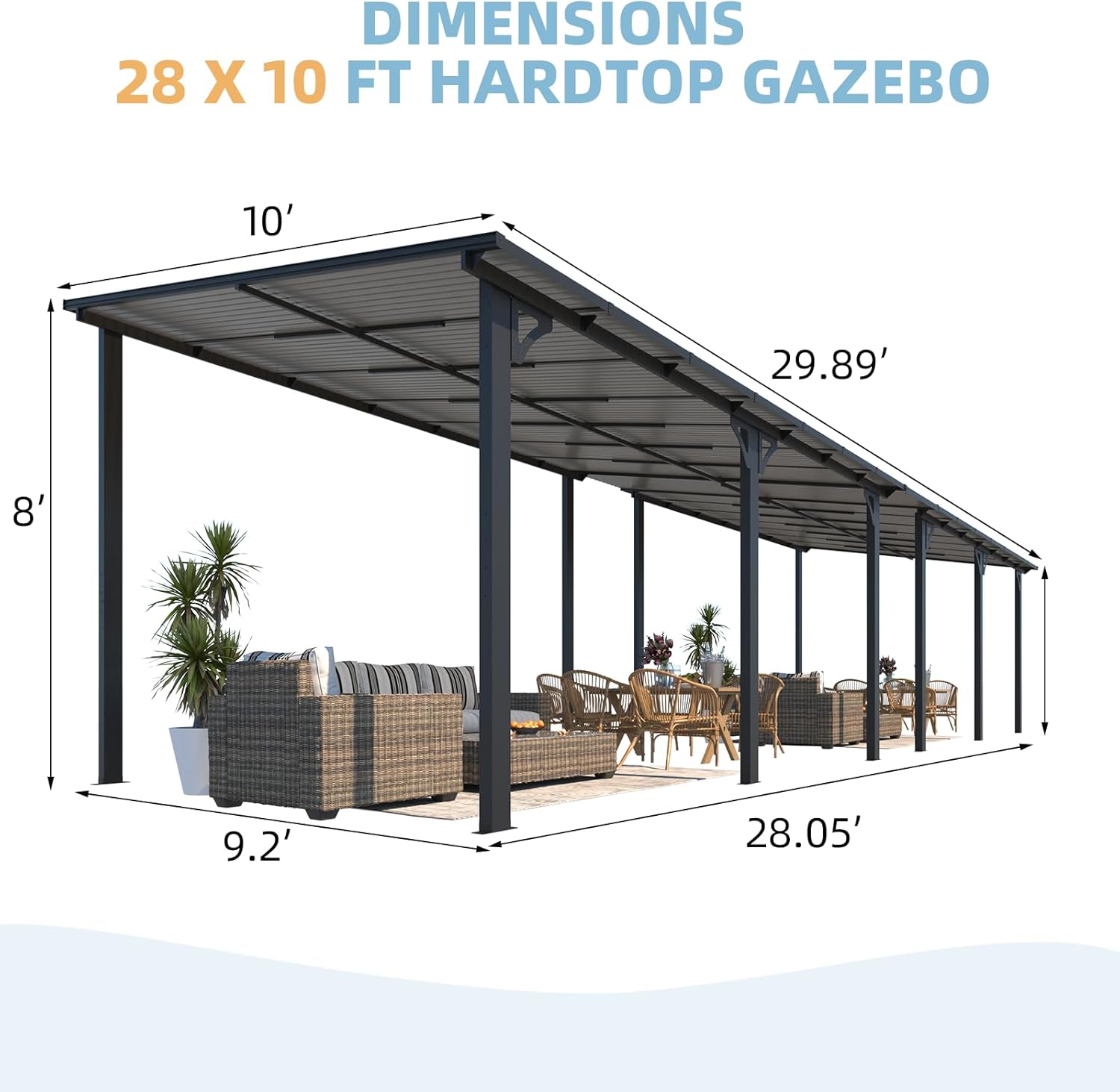 Technical drawing displaying the dimensions of the 28' x 10' hardtop gazebo.