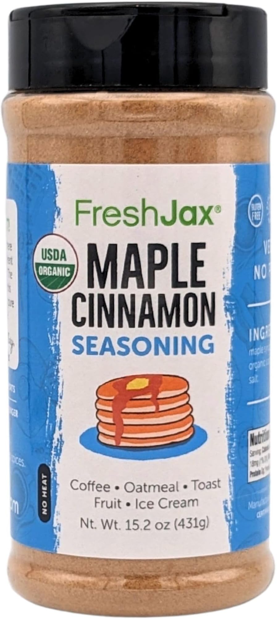 FreshJax Premium Gourmet Organic Spice Blends (Organic Maple Cinnamon: Topping) Extra Large Bottle | Plant-Based Gluten-Free Certified Kosher Certified Organic