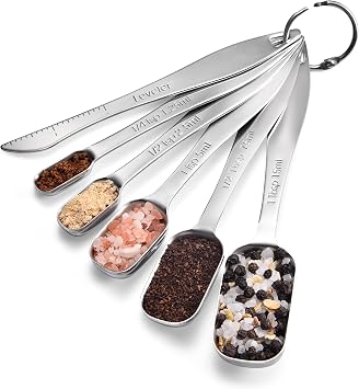 18/8 Stainless Steel Measuring Spoons Doosu Heavy Duty Rectangular Spoon Square Teaspoon Tablespoon Scoop with Slim Long Handle in Narrow Spice Jar for Kitchen Baking Cooking Set of 6 with Leveler
