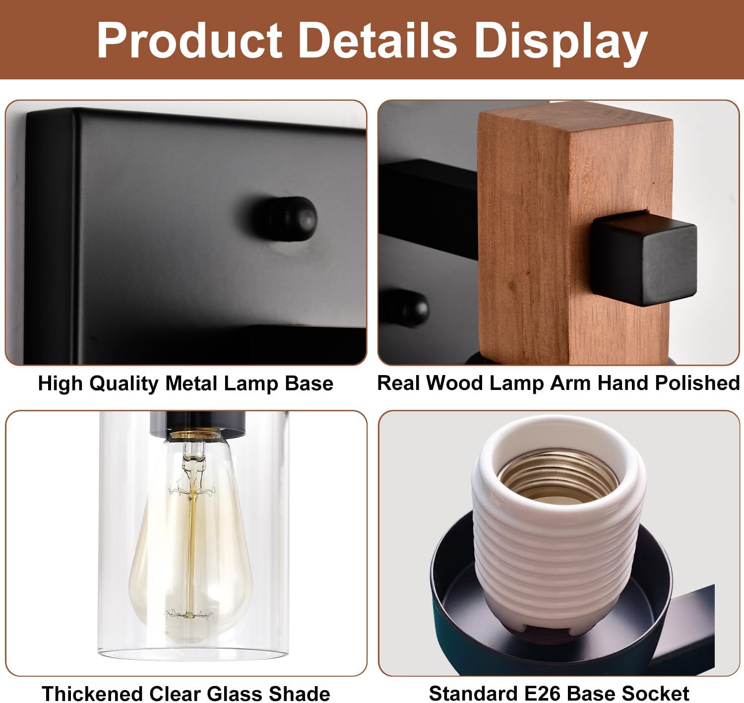 Rustic Wall Sconces, 1-Light Farmhouse Sconce with Clear Glass Cylinder Shade, Matte Black Metal & Wood Wall Light, E26 Indoor Bathroom Vanity Fixture for Mirror, Bedroom, Hallway