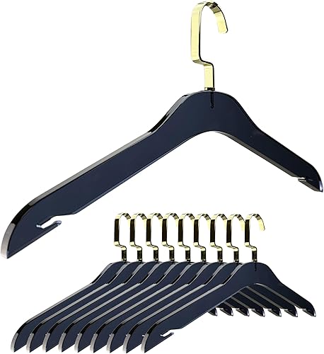 Miniatura 17 de Perchas de acrílico transparente para faldas, paquete de 10 unidades, elegantes y resistentes, 0.5 pulgadas de grosor, organizador de ropa de Dorado