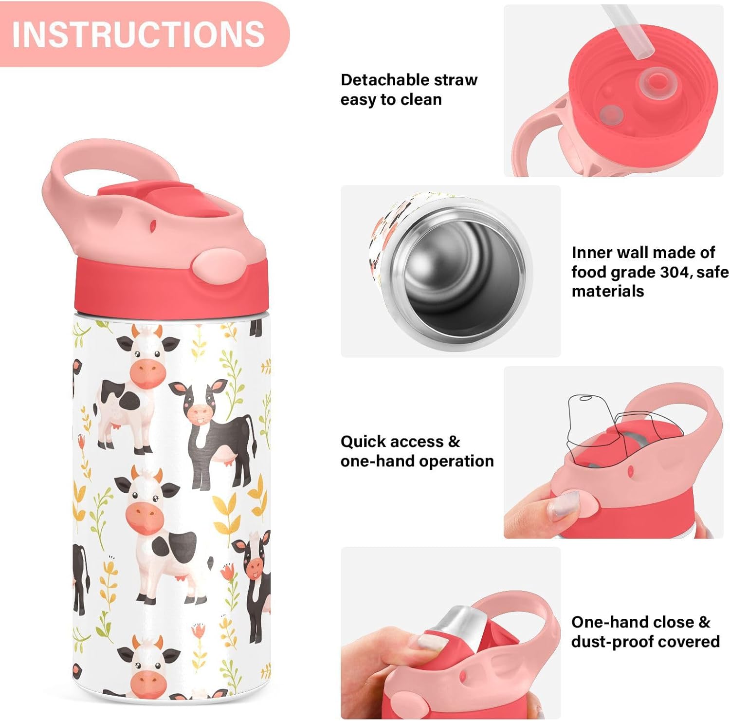 Cute Little Cow White Kids Insulated Water Bottle, Toddlers Tumbler Travel Cup with Straw & Handle Stainless Steel Cup for Travel School Girls 12 oz - Image 3