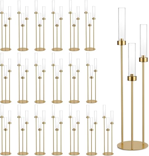 Miniatura 9 de Vincidern 10 piezas Candelabro de 3 brazos, portavelas dorado para centros de mesa, candelabro de 33.8'' de altura con pantalla de acrílico