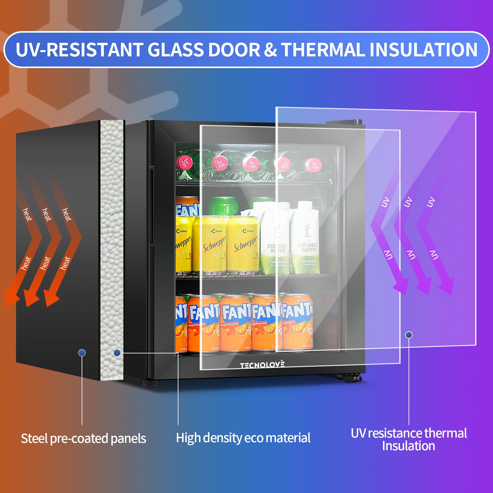 Beverage Refrigerator Cooler,Mini Fridge,Free Standing,1.6 Cu.Ft Cools Down To 32 ℉,Stainless Steel,LED Touchscreen Digital Temp Control,Under Counter,Double-Layer Glass Door,Adjustable Shelves,Black on Fridge.com - View 5