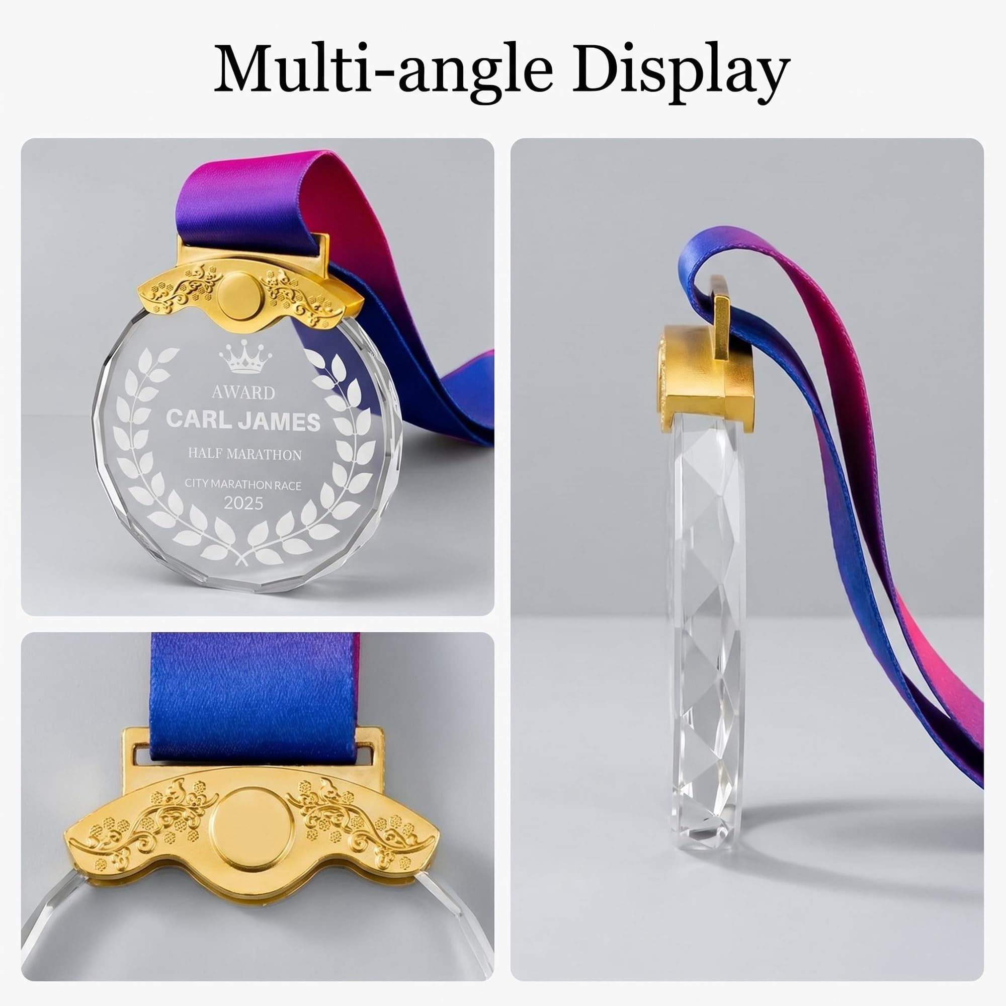 Médaille Personnalisée avec Texte Motif et Logo, Or, Argent, Bronze, Medaille Cristal Gravé pour Concours Scolaires, Compétitions, Cadeau d'entreprise pour Récompense Employé