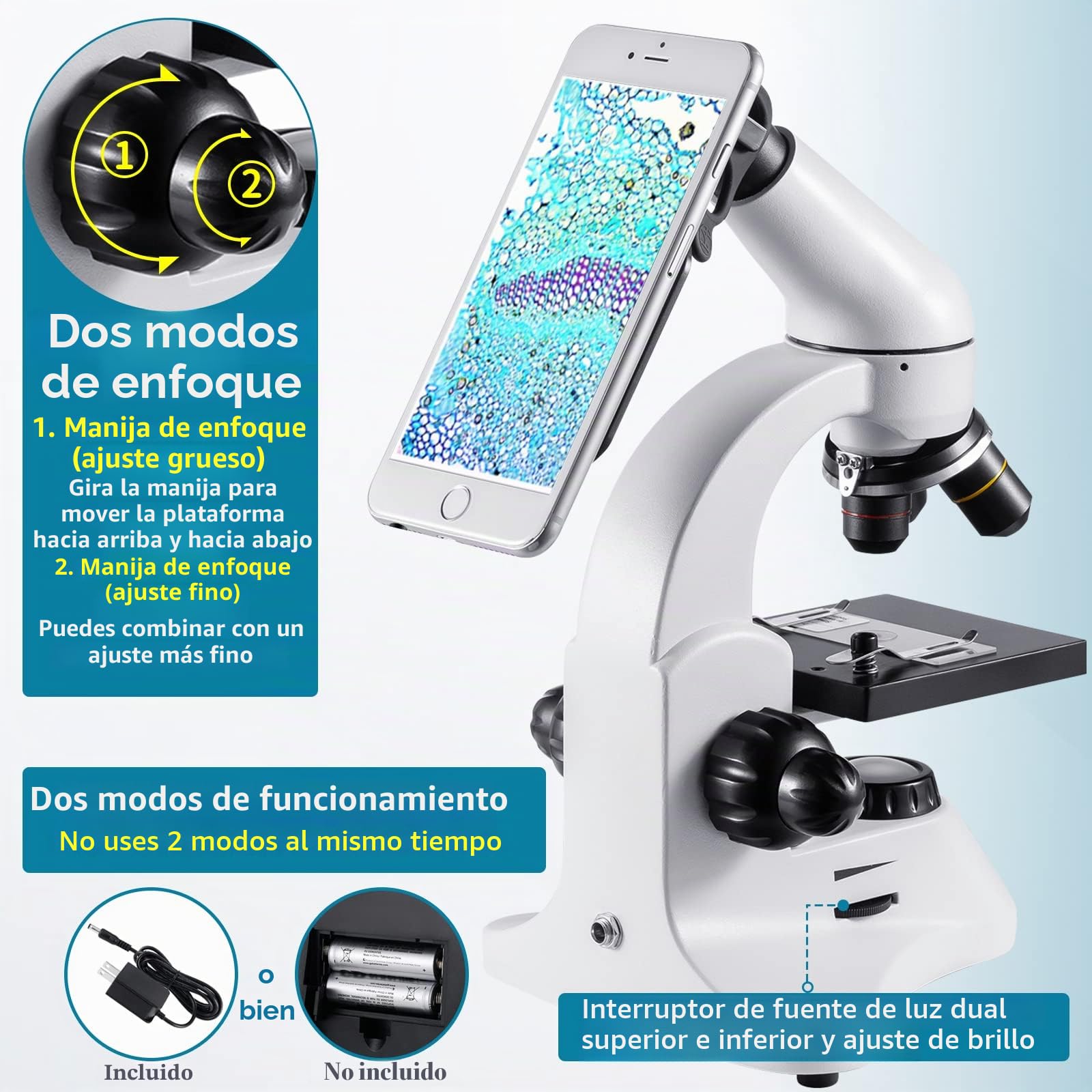 Microscopio Óptico 80X-2000X, Cuerpo Metálico, 2 Oculares WF, Iluminadores Duales, Enchufe UE, Completo Accesorios para Estudiantes Principiantes Adultos