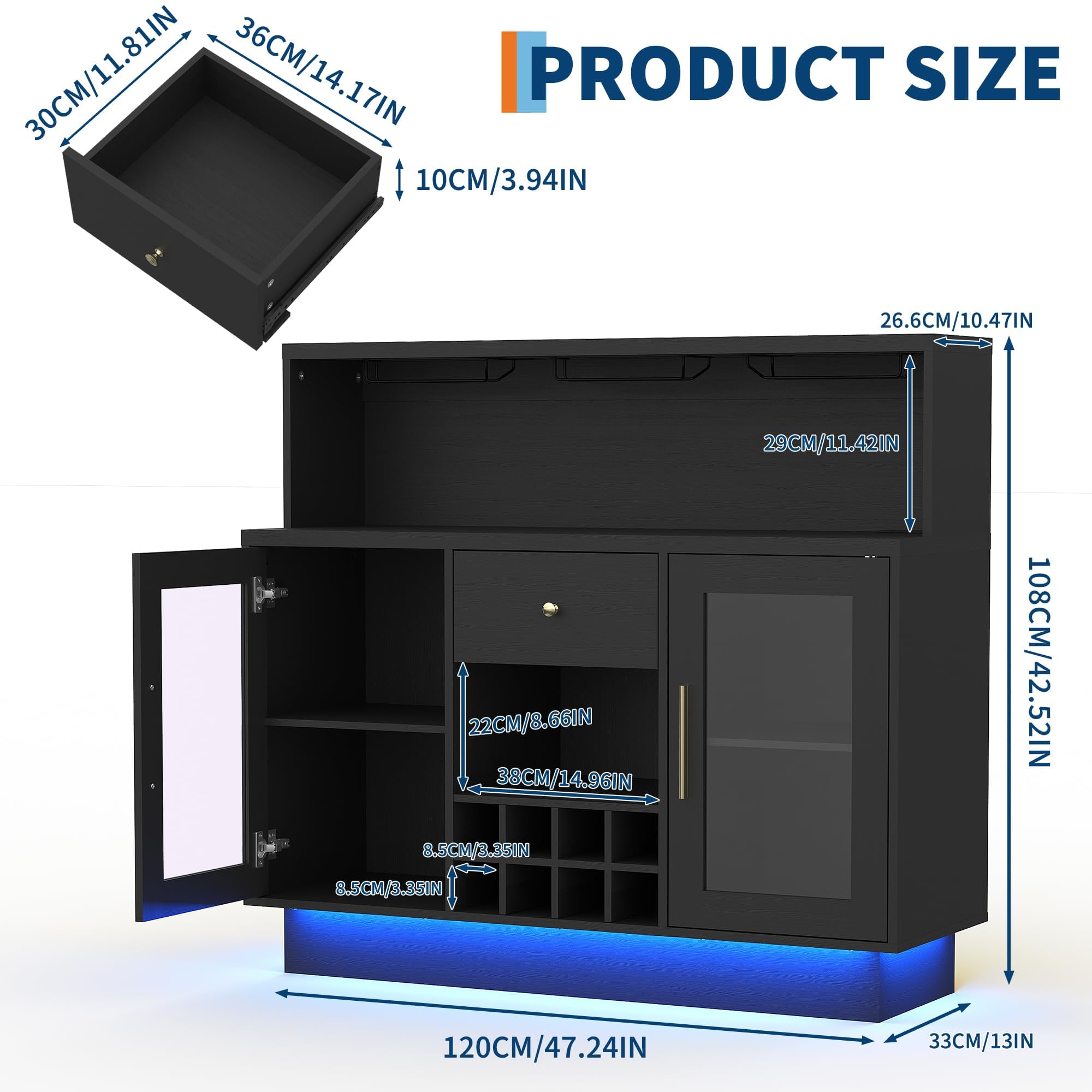 Garvee Modernes Wein- und Barschrank mit LED-Beleuchtung – Glashalter, Schublade, Steckdose, Platz für 8 Flaschen & 9-15 Gläser – Farbe: Schwarz