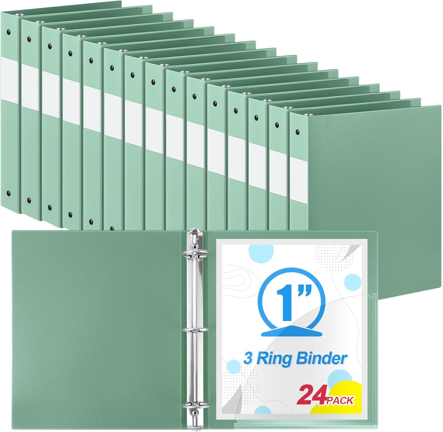 Henoyso 24 Pack 1 Inch 3 Ring Plastic Binders, Bulk Flexible PP Binders for Classroom & School Supplies, Letter Size 8.5 x 11, Holds 240 Sheets with Interior Pocket (Sage Green)