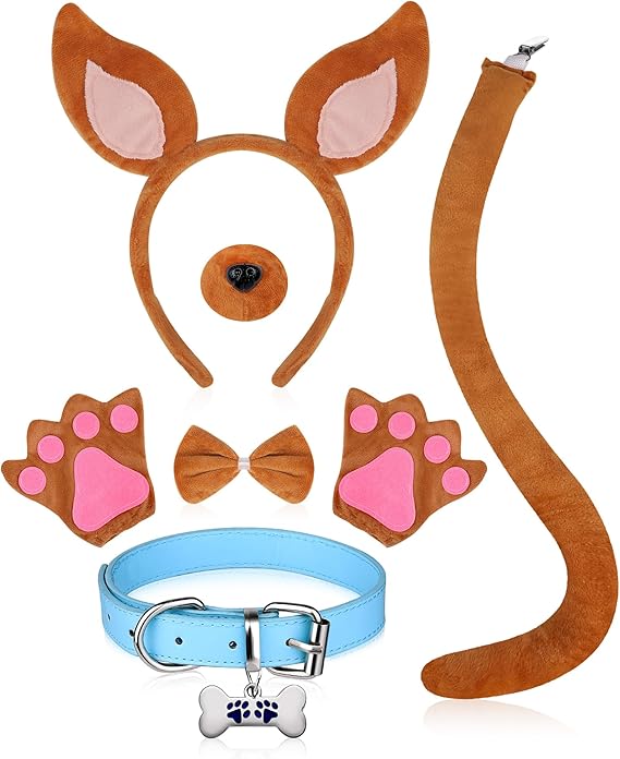 Kanmeii 6 Pcs Halloween Costume Accessories Dog Ears Headband and Tail Nose Gloves Blue Collar Set for Women Adult Halloween Animal Cosplay Party Supplies