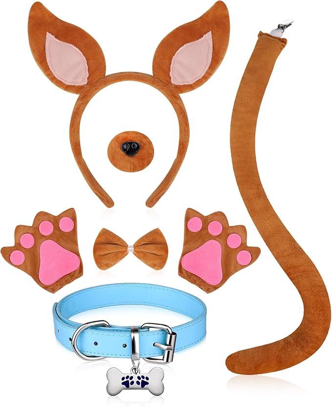 Kanmeii 6 Pcs Halloween Costume Accessories Dog Ears Headband and Tail Nose Gloves Blue Collar Set for Women Adult Halloween Animal Cosplay Party Supplies