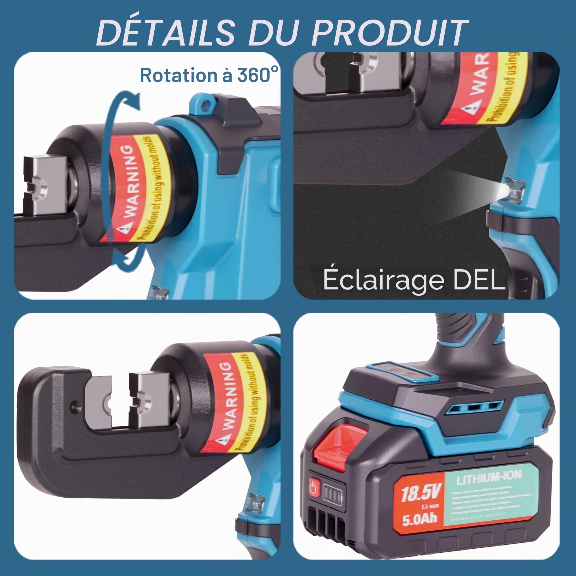AMZCNC Pince à sertir hydraulique rechargeable - Raccord de câble électrique - Outil de sertissage avec 8 matrices 4 6 10 16 25 35 50 70 mm² - 2 batteries et chargeur pour connecteurs de câble