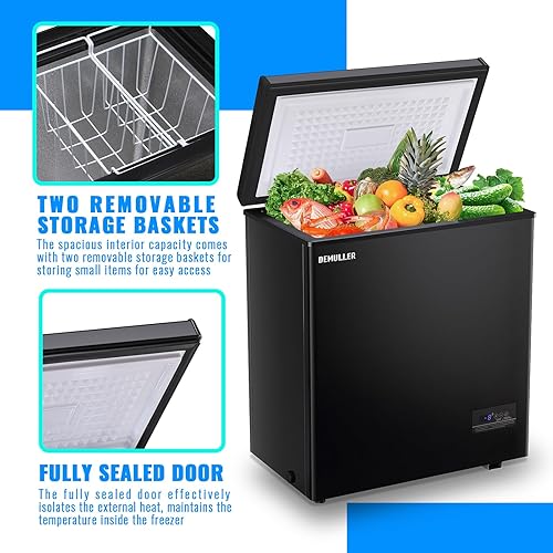 Miniatura 9 de Congelador de pecho de gran capacidad (hasta -11.2 ) con dos cestas extraíbles independientes, color negro, tamaño compacto para el hogar, cocina,