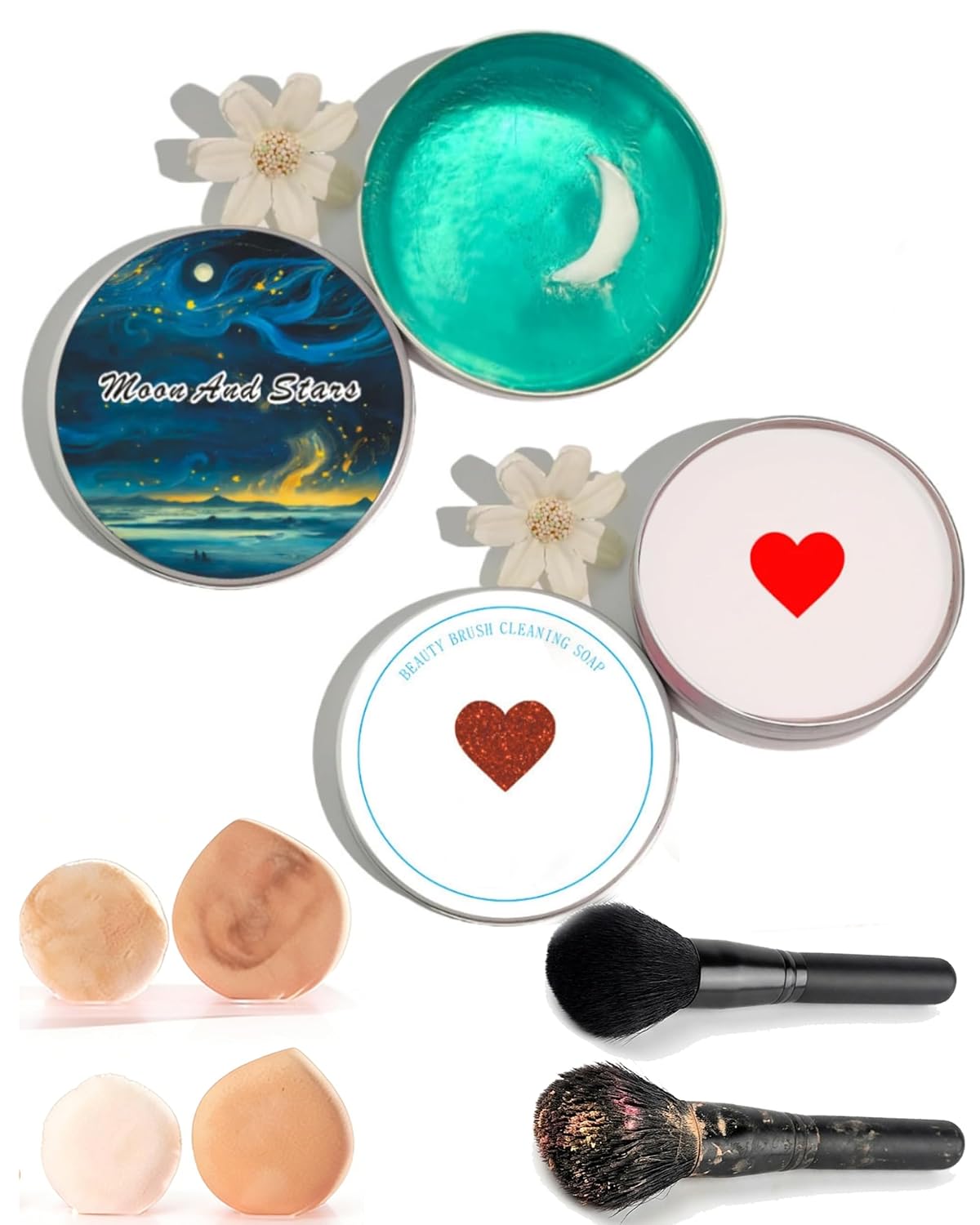 Silicone Makeup Brush Cleaning Pad with Soap, 2 in 1 Solid Makeup Brush Cleaner Soap, Powerful Deep Clean for All Brushes & Sponges | Botanical Oils, Gentle & Residue-Free, 3.52 Oz (Heart+Moon)