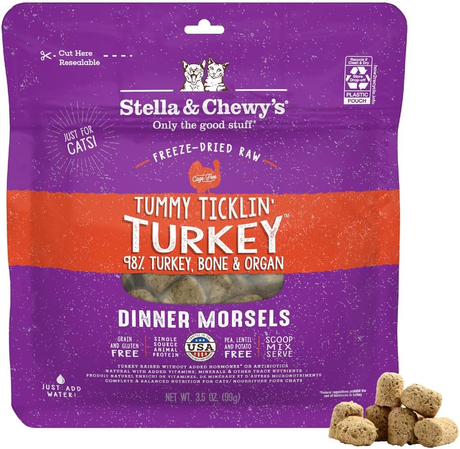 Stella & Chewy's Freeze-Dried Raw Cat Dinner Morsels - Premium Turkey Recipe with 98% Farm-Raised Meat & Organs - Natural Grain-Free Cat & Kitten Food - Made in USA - 3.5 oz