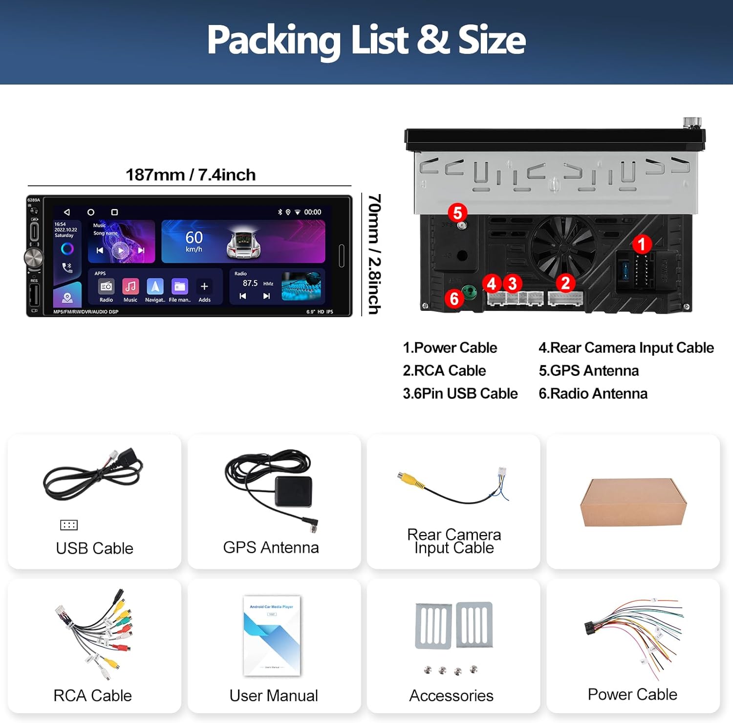 2G+32G Single Din Car Stereo with Wireless Apple Carplay Android Auto, Android 13 Head Unit, 6.9 Inch Touch Screen Car Radio with GPS Navigation WiFi FM Bluetooth 5.0 Type-C USB 16EQ